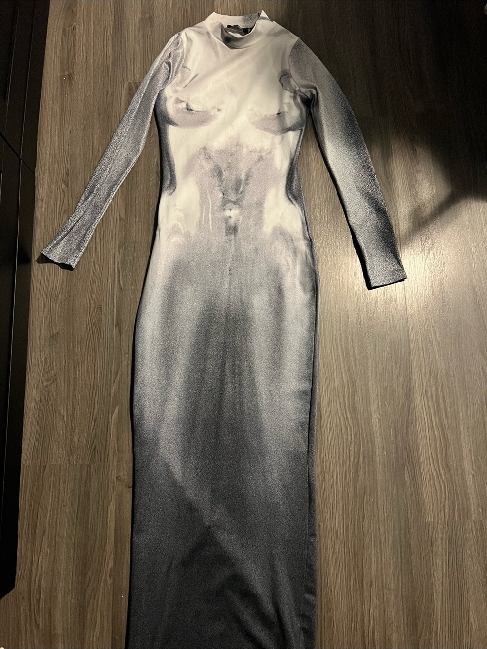 Long-Sleeve Silver Ombre Bodycon Maxi Dress